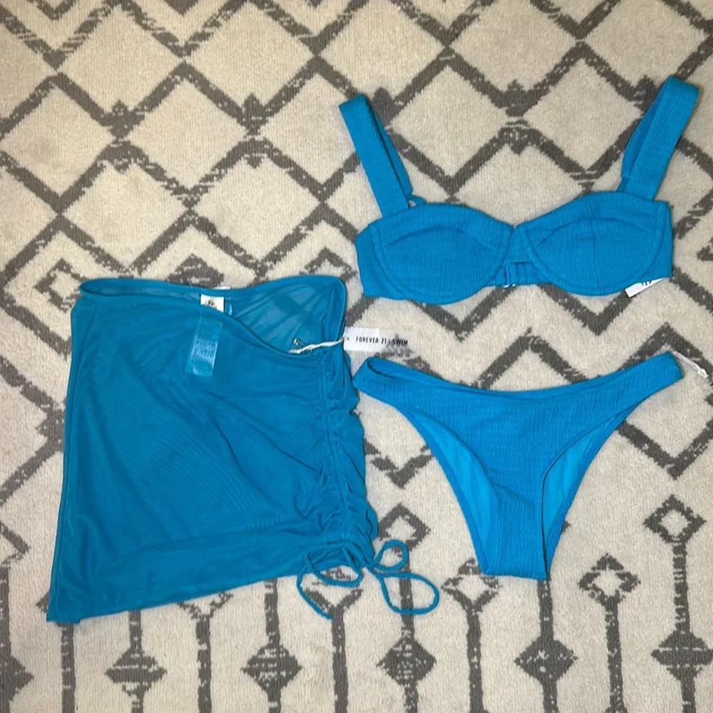 Forever 21 Turquoise Blue Bikini Set with Sheer Sarong